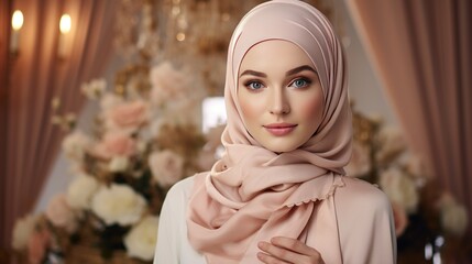 Wall Mural - An elegant hijab-wearing woman in a traditional setting, radiating both strength and beauty with soft pastel tones