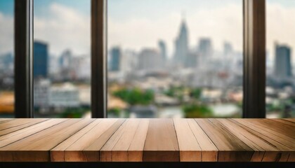 Wall Mural - empty wood table with blur room office and window city view background for montage product display o