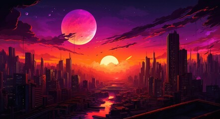 Wall Mural - Synth wave retro city landscape background sunset
