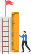 © WS DESIGN - Business success measurement, how far from business goal and achievement or growth metric analysis concept, smart businessman using measuring tape to measure and analyze distance from target flag.