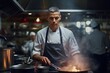 A candid portrait of a chef cooking in a kitchen, with a blurry backdrop of the restaurant’s dining room. Use a Canon EOS R5 camera with a 100mm lens at F 1.2 . Generative AI