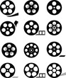 Old retro reel with film strip collection. Film reel movie icon set. Strip vintage poster vector illustration. film canisters. cinema abstract logo