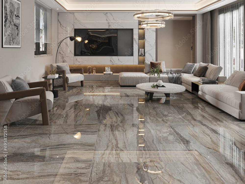 Luxurious modern living room corner interior with grey marble wall and ...