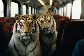 Poster - Tigers traveling on a train, symbolizing the majestic and powerful nature of these big cats in transit.