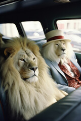 Aufkleber - Lions enjoying a leisurely ride in a limousine, symbolizing regal and luxurious transportation.