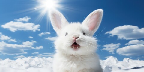 A white bunny sitting in the snow with its mouth open, AI