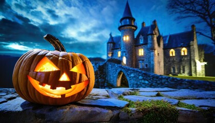 Wall Mural - a single scary evil looking halloween jack o lantern on the left side of a dark blue stone plinth background of a haunted castle at night