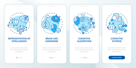 Wall Mural - 2D linear icons representing architecture of cognitive computing mobile app screen set. Walkthrough 4 steps blue graphic instructions with concept, UI, UX, GUI template.