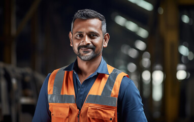 Wall Mural - Confident indian male worker or labor standing in the factory