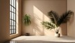 empty beige room interior with palm leaves plant modern 3d living room office or gallery with shadows and sunlight from the window on the wall realistic illustration minimal scene generation ai