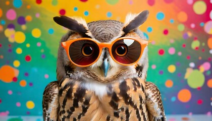 Wall Mural - funny owl wearing sunglasses in studio with a colorful and bright background generative ai