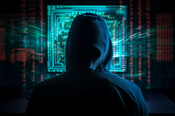 Generative AI portrait hacker in dark room secret organization community specialists