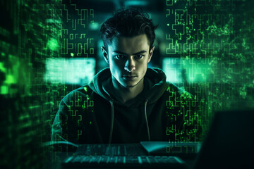 Generative AI portrait hacker in dark room secret organization community specialists