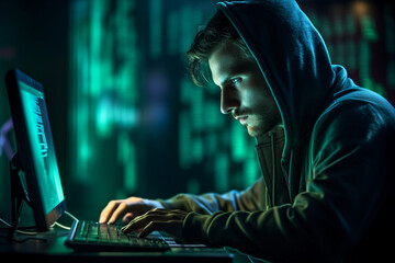 Generative AI portrait hacker in dark room secret organization community specialists