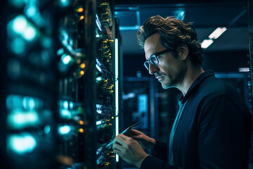 Poster - Generative AI picture of successful data center it specialist working for cyber data security company