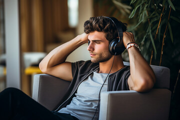 AI generated image of relaxed dreamy man in headphones listening to music song in apartment