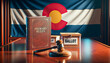 A 'PRIMARY RULES' book with a gavel and ballot box, set against a Colorado flag backdrop, representing legal voting protocols