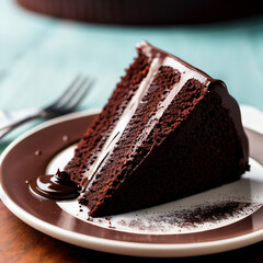 delicious piece of chocolate cake on a plate , food photography, melted chocolate