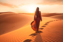 Back View Woman Walking In The Desert Sunset At Sunset Ai Generated Art