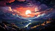Amazing Star Night Cloudy Mountains Panorama, Background Banner HD, Illustrations , Cartoon style
