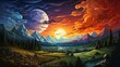 Amazing Star Night Cloudy Mountains Panorama, Background Banner HD, Illustrations , Cartoon style