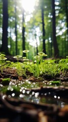 Wall Mural - A close up of a small plant growing in the forest, AI