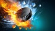 ice hockey puck exploding by elements fire and water background for sports tournament poster or placard vertical design with copy space