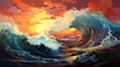 Big Ocean Wave Breaking Shor, Background Banner HD, Illustrations , Cartoon style