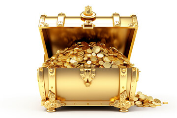 Open golden treasure chest isolated on white 3D rendering