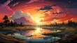 Colorful Sunset Clouds Evening Russia, Background Banner HD, Illustrations , Cartoon style