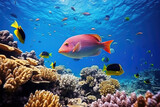 Fototapeta  - Underwater with colorful sea life fishes and plant at seabed background, Colorful Coral reef landscape in the deep of ocean. Marine life concept, Underwater world scene.