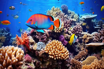 Underwater with colorful sea life fishes and plant at seabed background, Colorful Coral reef landscape in the deep of ocean. Marine life concept, Underwater world scene.