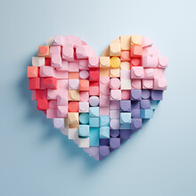 Heart Shape Made Of Pastel Colored Pink, Blue, Yellow, Orange Lego Cubes. Valentine's Day Concept. Love Concept.
