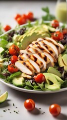 Wall Mural - Grilled Chicken Salad, Grilled chicken breast slices on a bed of mixed greens with cherry tomatoes, cucumber, avocado, and a light vinaigrette dressing, background image, generative AI