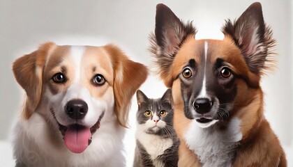 Wall Mural - cute dogs and cats over white horizontal website banner or social media header generative ai