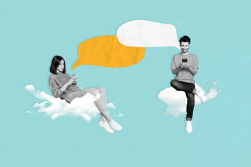 Poster - Pop pinup weird collage of two people bloggers lady guy sitting mind cloud texting on smart cell gadgets