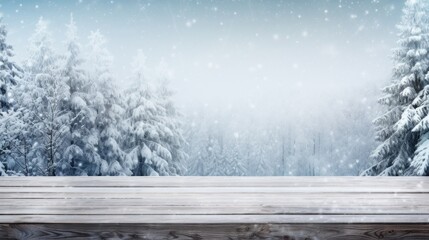 Wall Mural - A wooden table in front of a snowy forest. Winter background with copy space.