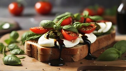 Wall Mural - Caprese Sandwich, Sliced tomatoes, fresh mozzarella, and basil leaves on whole-grain bread, drizzled with balsamic glaze or pesto, background image, generative AI