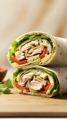 Wall Mural - Turkey and Avocado Wrap, Sliced turkey, avocado, lettuce, and tomato wrapped in a whole-grain tortilla, with a spread of light mayo or mustard, background image, generative AI