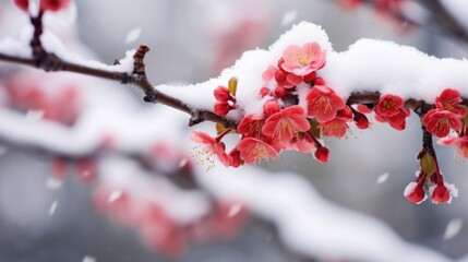 Sticker - A close up of a branch of a tree covered in snow., red plum blossoms under snow.