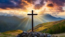 Jesus Christ Cross Easter Resurrection Concept Christian Cross On A Background With Dramatic Lighting Colorful Mountain Sunset Dark Clouds And Sky And Sunbeams