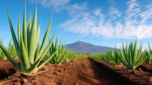 A Field Of Green Plants With A Mountain In The Background. Aloe Vera Agricultural Field.