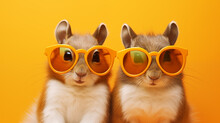 Duo Squirrel With Orange Sunglasses, Fun Portrait, Orange Background