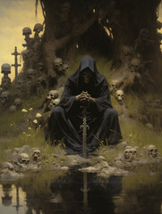 the grim reaper kneeling in a swamp surrounded by skull