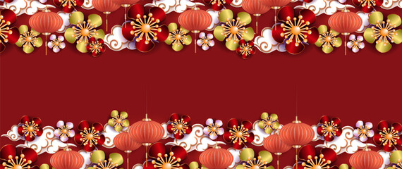 Wall Mural - Floral garland with clouds and balloons on red design.
