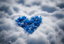Heart-shaped Blue Flower Petals On Snow