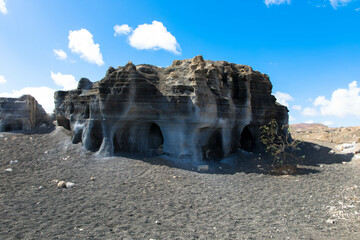 Panorama view of the most unique rock formations in Lanzarote. Called Stratified City or  Antigua rofera de Teseguite. Canary Islands, Spain, Europe.