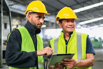 two engineer look projects and planning with tablet mobile in factory