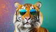 funny tiger wearing sunglasses in studio with a colorful and bright background generative ai
