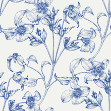 Toile Art Floral Vector Vintage Seamless Pattern Flowers Of Clematis Blue On A Beige. Hand Drawn Background.Monochrome. Textiles, Paper, Wallpaper Decoration